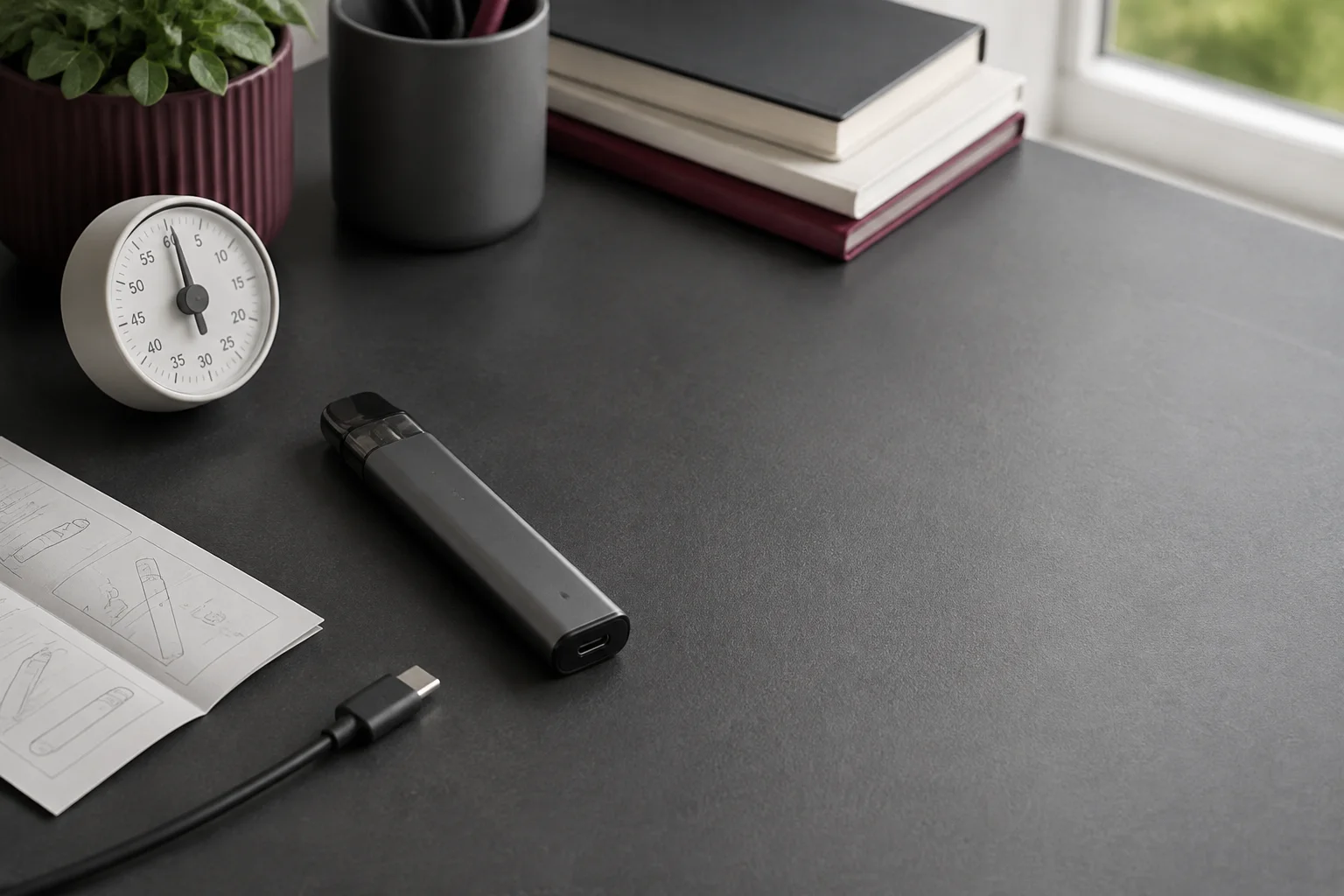 Unbranded rechargeable pod device beside a USB-C cable on a clean flat desk