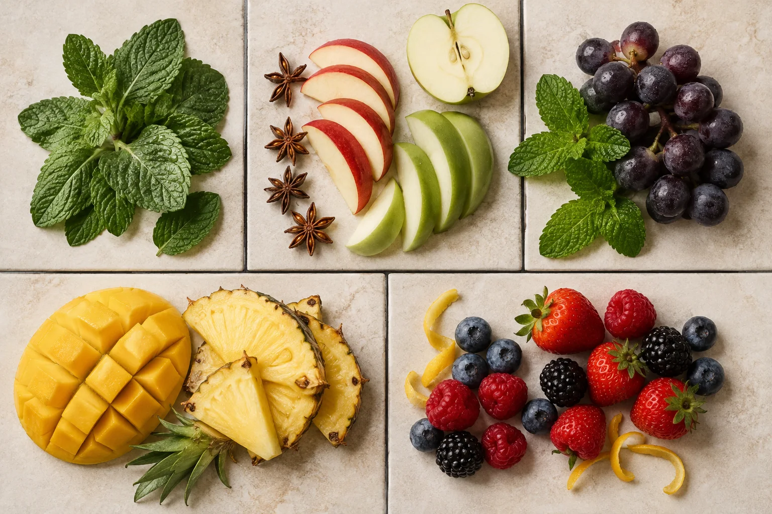 Natural mint, apple, grape, mango, pineapple and mixed berry ingredients arranged by flavor family