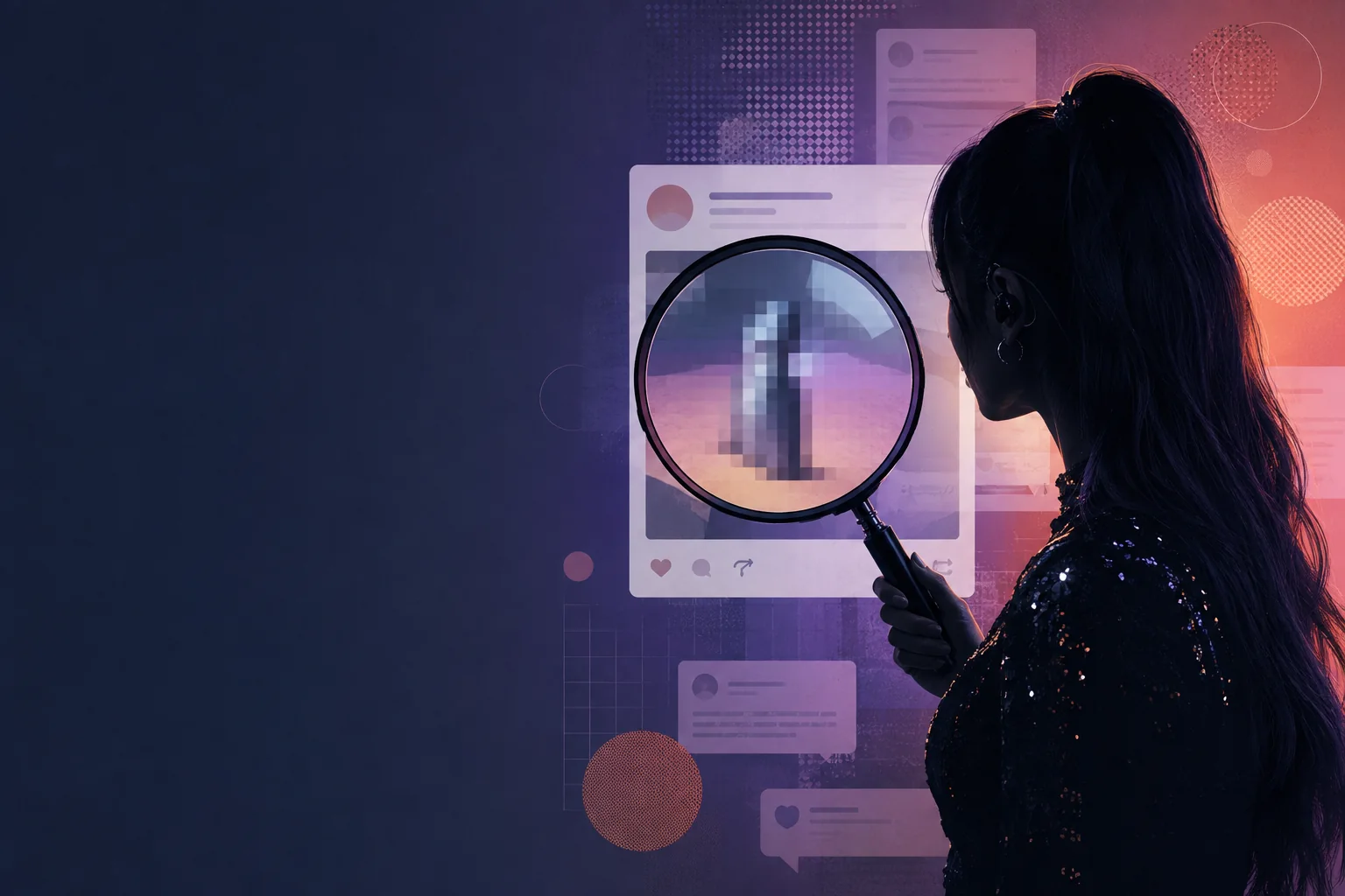 Illustration of a magnifying glass examining a pixelated social media post about a pop performer